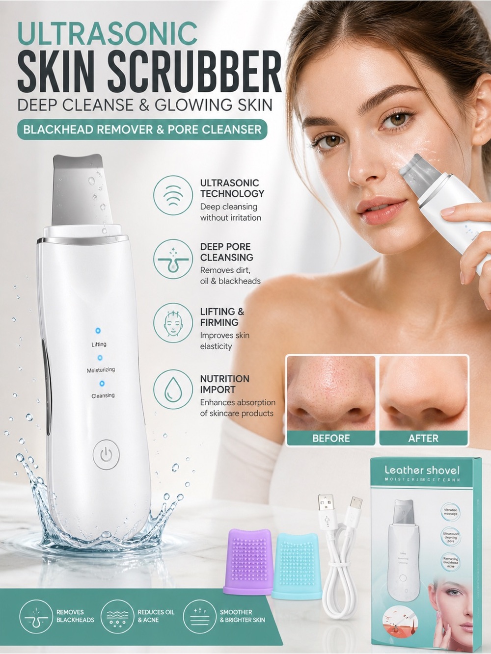 Ultrasonic Skin Scrubber Deep Cleanser - White